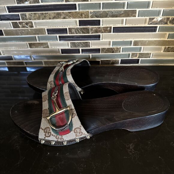 Monogram Natural Pigskin Web Horsebit Clog Slide Sandals 10 Beige Ebony Cocoa - Picture 5 of 12